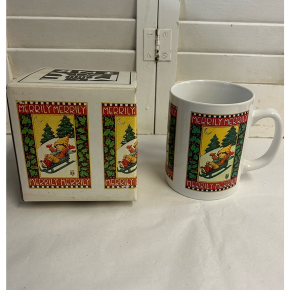 Vintage 1990's MARY ENGELBREIT unused Christmas mug in original box Merrily Sled - Picture 1 of 12